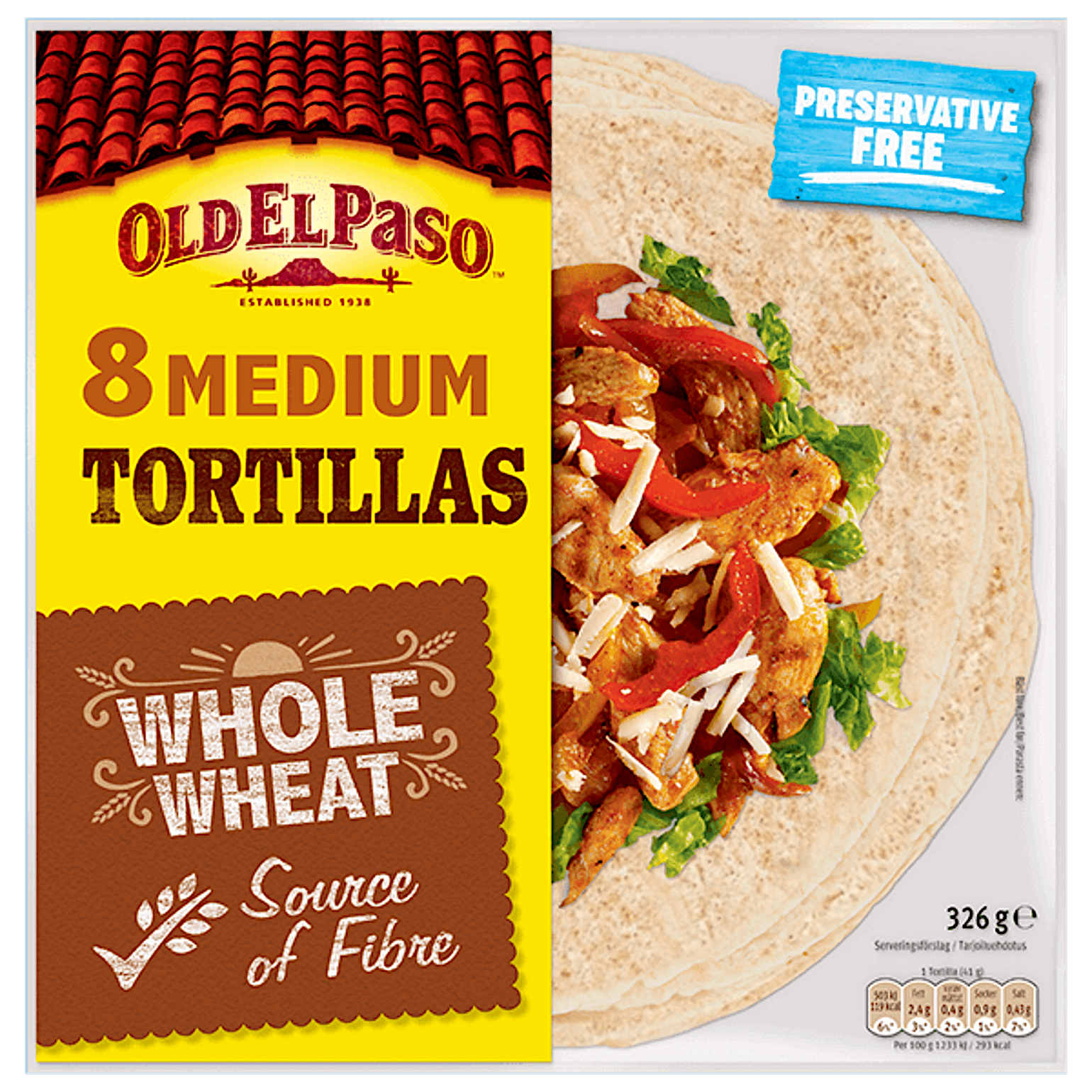 en pakke Old el paso 8 medium fullkornstortillas, 326g